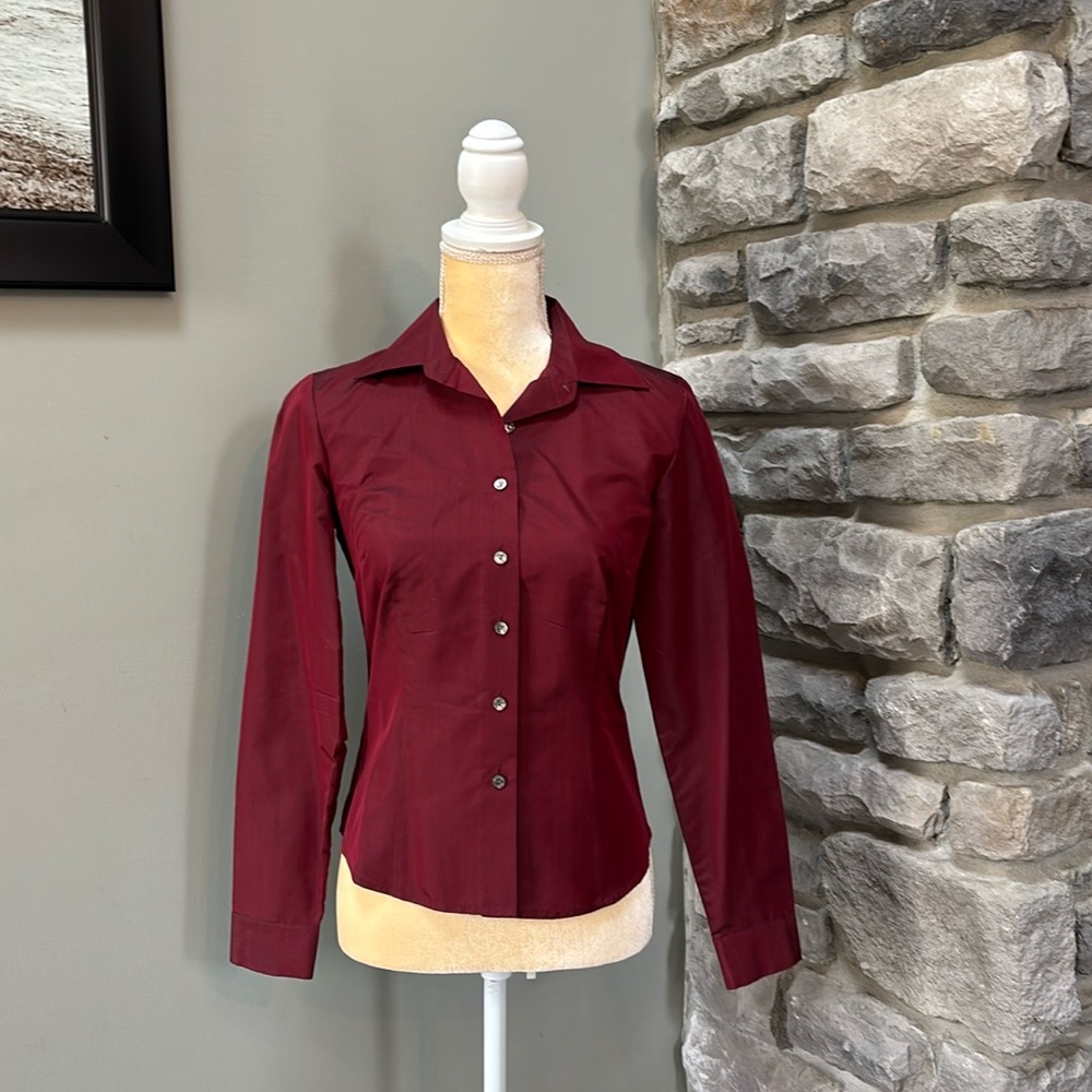 Ann Taylor silk blouse, button front, shimmer deep red color, size 2